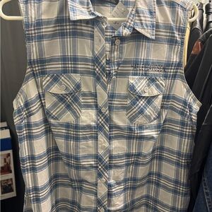 Harley-Davidson White and Blue Plaid Sleeveless Shirt